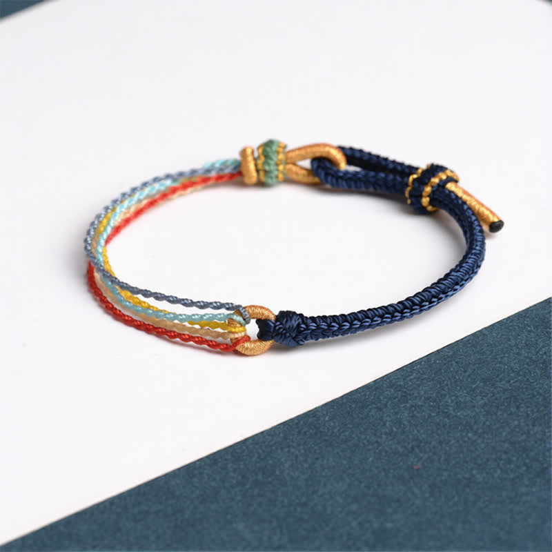 Buddha Stones 手作りの5色糸を使ったお守り編みブレスレット - ディープブルー - 赤紐（守護♥幸運） - image 1