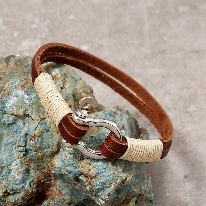 Buddha Stones レザーダブルラップ巻き糸シャックルバランスブレスレット - image 1
