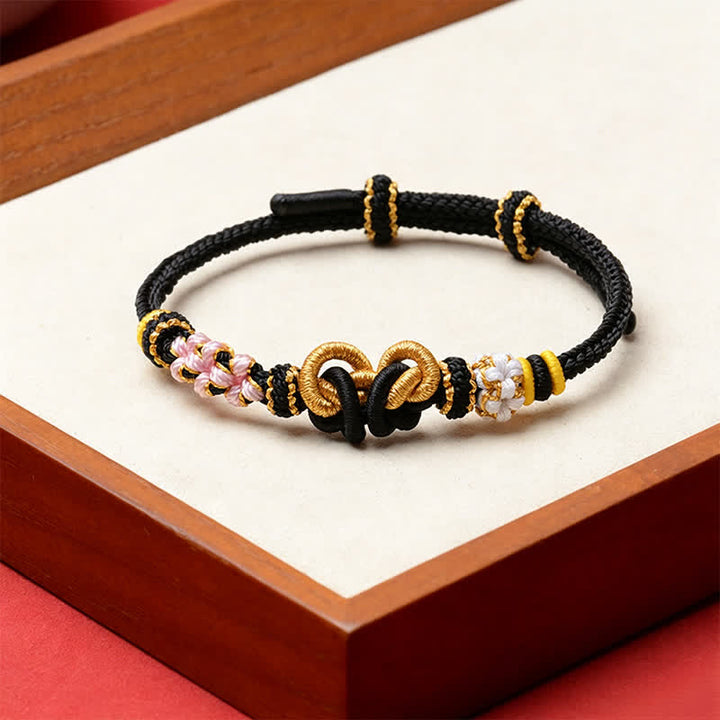 Buddha Stones 手作りの蝶の幸運モチーフの調節可能なストリングブレスレット - 黒 - 赤紐（守護♥幸運） - image 1