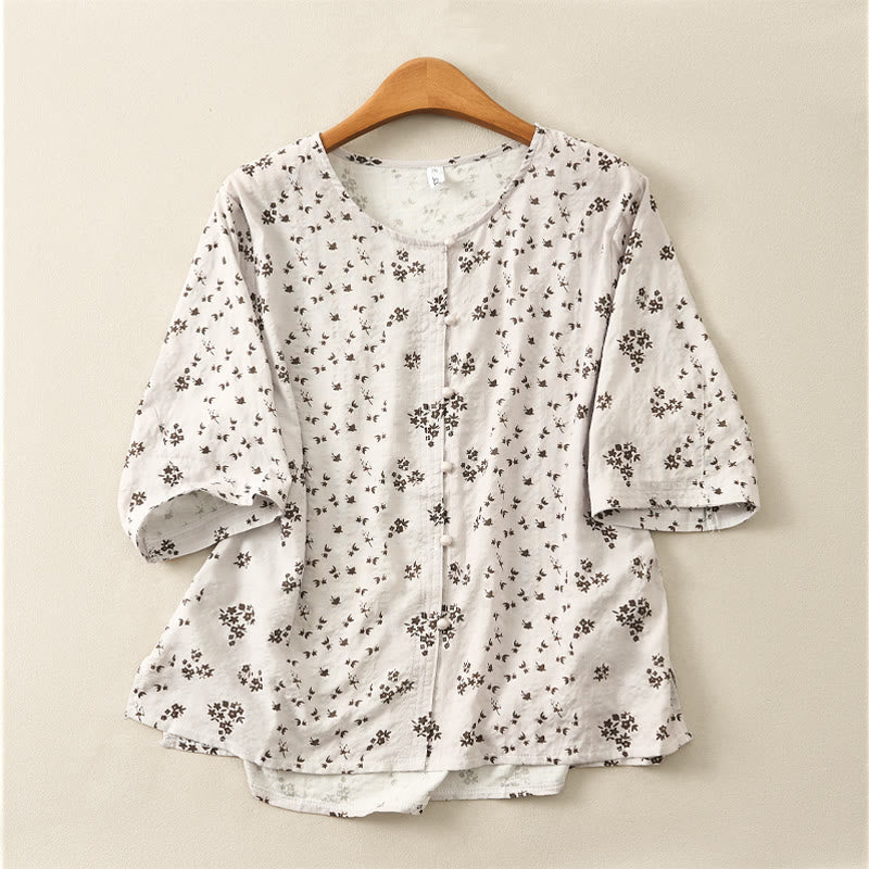 Buddha Stones カジュアルな花柄プリントの七分袖レディースボタンシャツ - ライトグレー - US12、 UK/AU16、 EU44 (3XL) - image 15