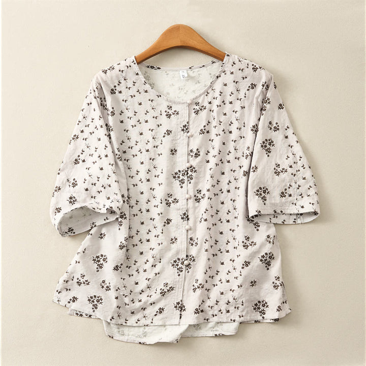 Buddha Stones カジュアルな花柄プリントの七分袖レディースボタンシャツ - ライトグレー - US12、 UK/AU16、 EU44 (3XL) - image 15
