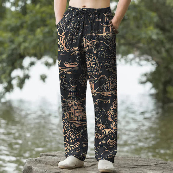 Buddha Stones 綿素材のオリエンタル風景柄メンズテーパードパンツ（ポケット付き） - 黒 - US/UK/AU50、EU60（5XL） - image 4