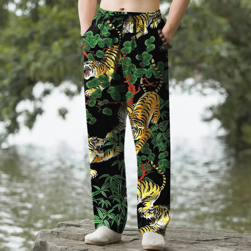 Buddha Stones コットン素材のタイガージャングル柄メンズテーパードパンツ（ポケット付き） - 黒 - US/UK/AU50、EU60（5XL） - image 0