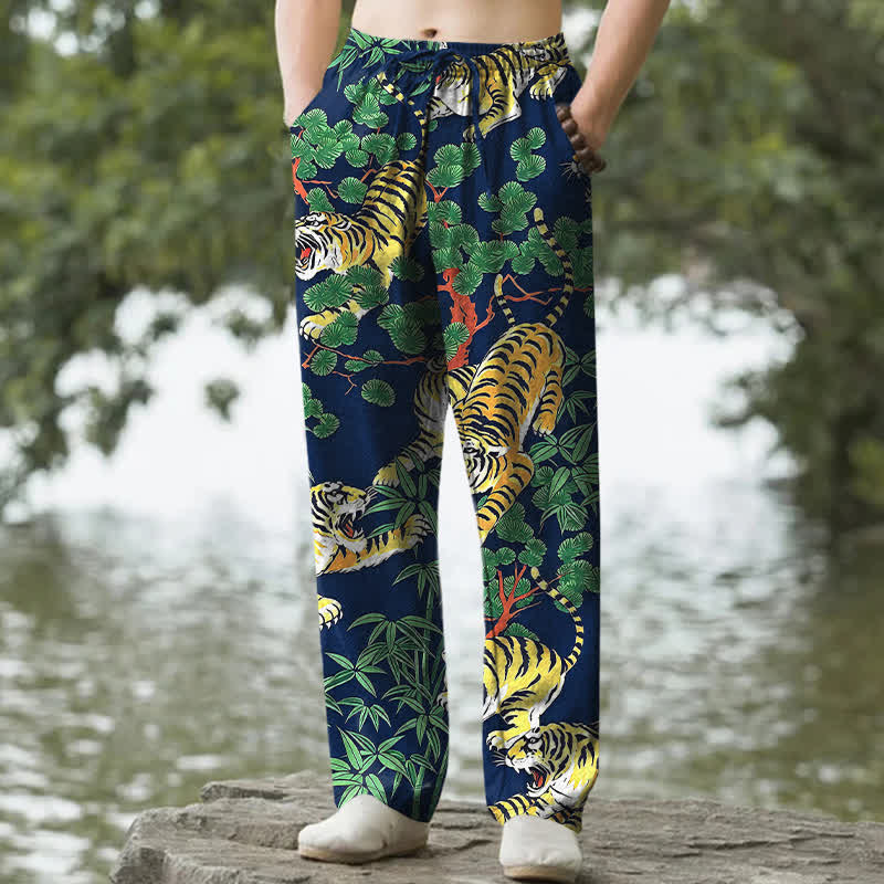 Buddha Stones コットン素材のタイガージャングル柄メンズテーパードパンツ（ポケット付き） - 海軍 - US/UK/AU50、EU60（5XL） - image 4