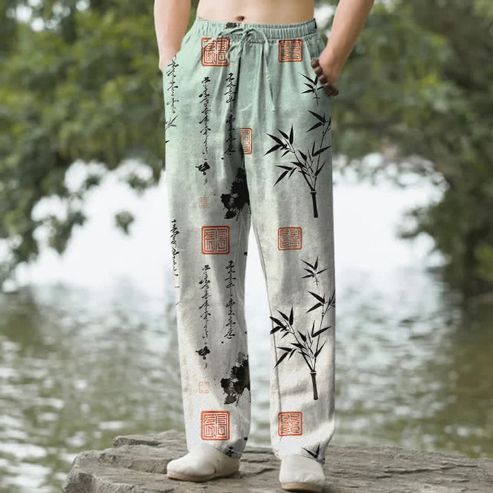 Buddha Stones コットンインク竹柄メンズテーパードパンツ（ポケット付き） - 淡い緑色 - US/UK/AU50、EU60（5XL） - image 0
