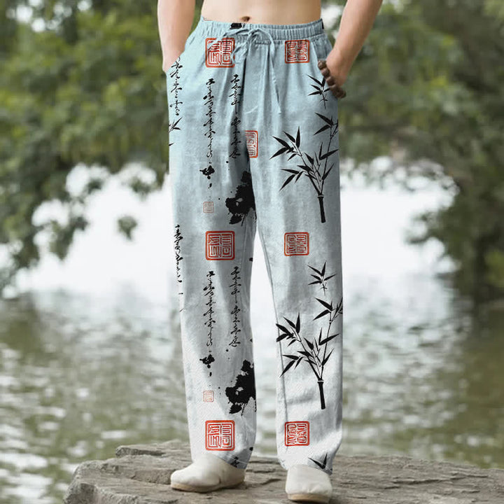 Buddha Stones コットンインク竹柄メンズテーパードパンツ（ポケット付き） - ペールターコイズ - US/UK/AU50、EU60（5XL） - image 4