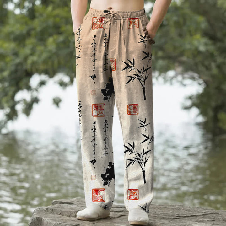 Buddha Stones コットンインク竹柄メンズテーパードパンツ（ポケット付き） - バーリーウッド - US/UK/AU50、EU60（5XL） - image 8