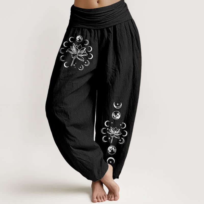 Buddha Stones 純綿ロータスムーンフェーズ柄レディースゴムウエストハーレムパンツ - 黒 - US16、 UK/AU20、 EU48 (3XL) - image 0