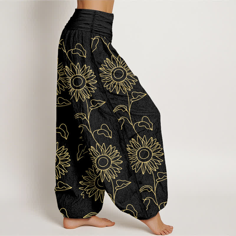 Buddha Stones コットンゴールドひまわりラインアート柄レディースゴムウエストハーレムパンツ - image 7