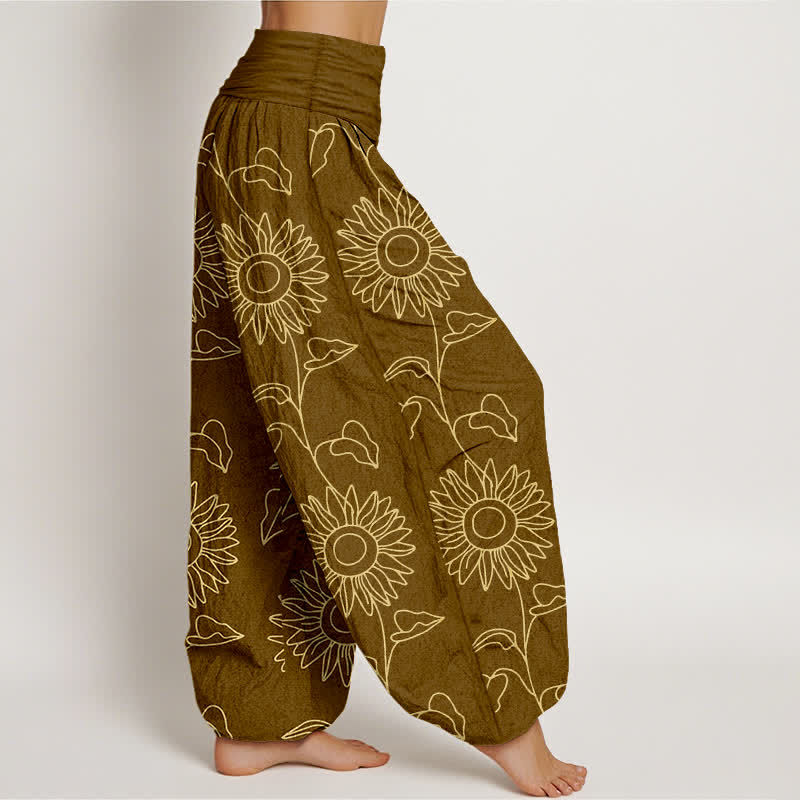Buddha Stones コットンゴールドひまわりラインアート柄レディースゴムウエストハーレムパンツ - image 10