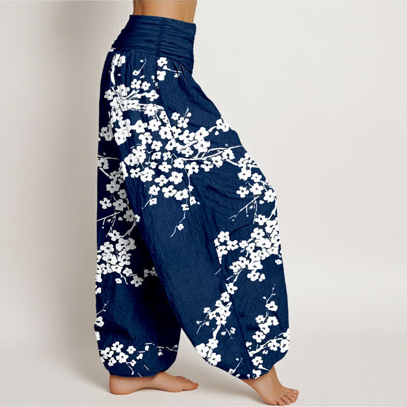 Buddha Stones 純綿白花枝柄レディースゴムウエストハーレムパンツ - image 2