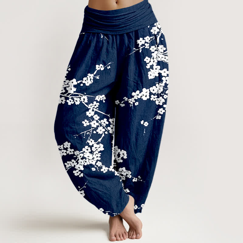 Buddha Stones 純綿白花枝柄レディースゴムウエストハーレムパンツ - 海軍 - US16、 UK/AU20、 EU48 (3XL) - image 0