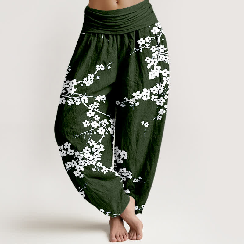Buddha Stones 純綿白花枝柄レディースゴムウエストハーレムパンツ - ダークグリーン - US16、 UK/AU20、 EU48 (3XL) - image 5