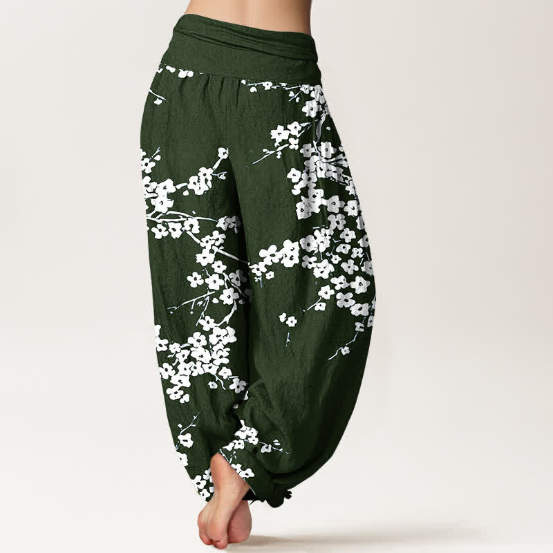 Buddha Stones 純綿白花枝柄レディースゴムウエストハーレムパンツ - image 6