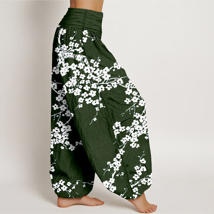Buddha Stones 純綿白花枝柄レディースゴムウエストハーレムパンツ - image 7