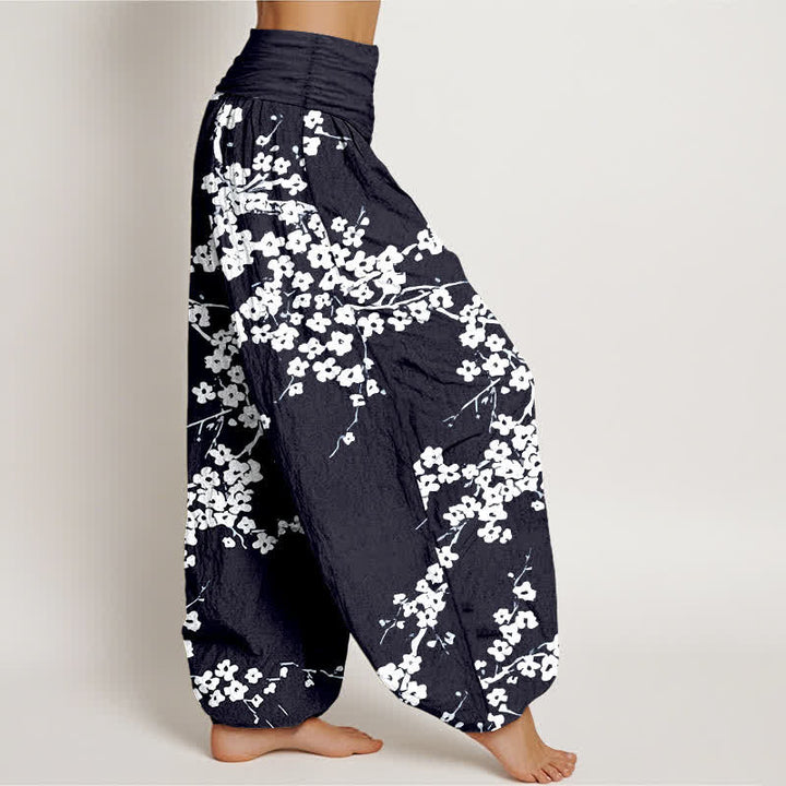 Buddha Stones 純綿白花枝柄レディースゴムウエストハーレムパンツ - image 10