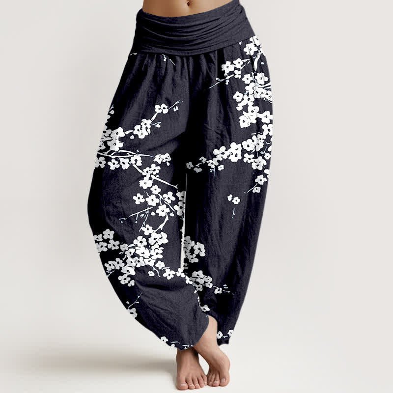Buddha Stones 純綿白花枝柄レディースゴムウエストハーレムパンツ - 黒 - US16、 UK/AU20、 EU48 (3XL) - image 8