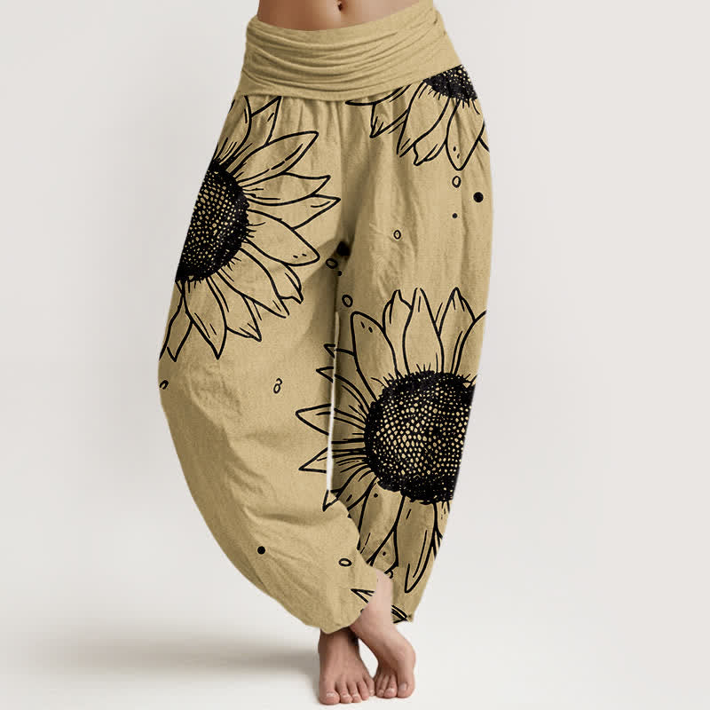 Buddha Stones ピュアコットン製ひまわり柄レディースゴムウエストハーレムパンツ - カーキ - US16、 UK/AU20、 EU48 (3XL) - image 5