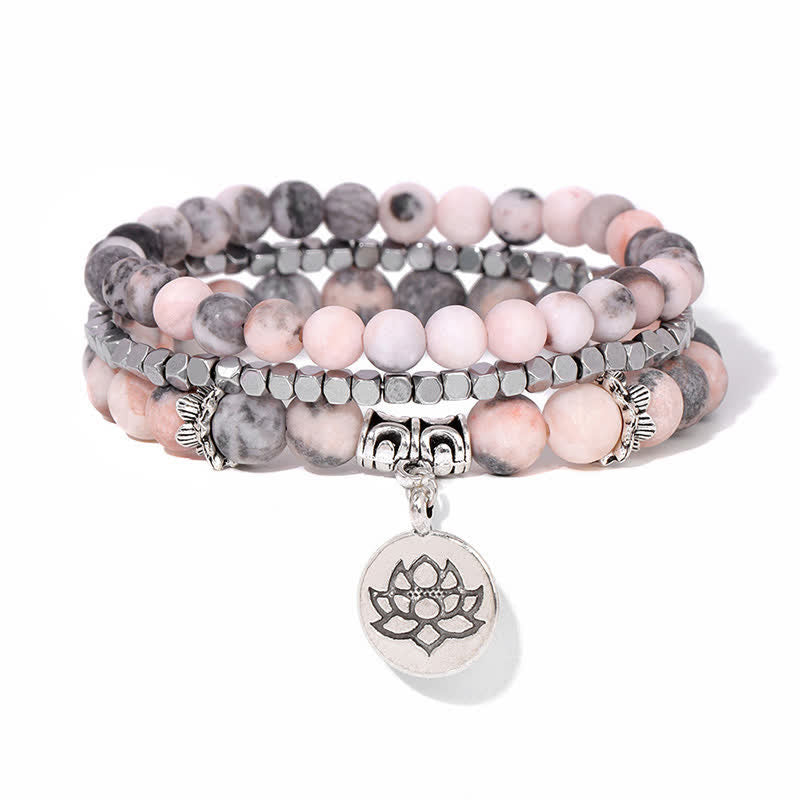 Buddha Stones ゼブラジャスパーと蓮の花をモチーフにした悟りのビーズブレスレット 3個セット - image 1
