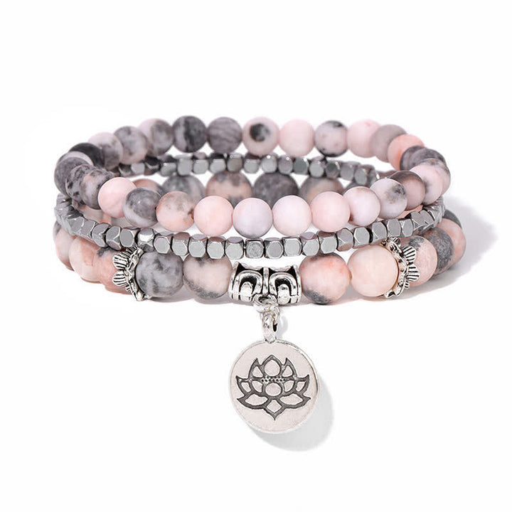Buddha Stones ゼブラジャスパーと蓮の花をモチーフにした悟りのビーズブレスレット 3個セット - image 1
