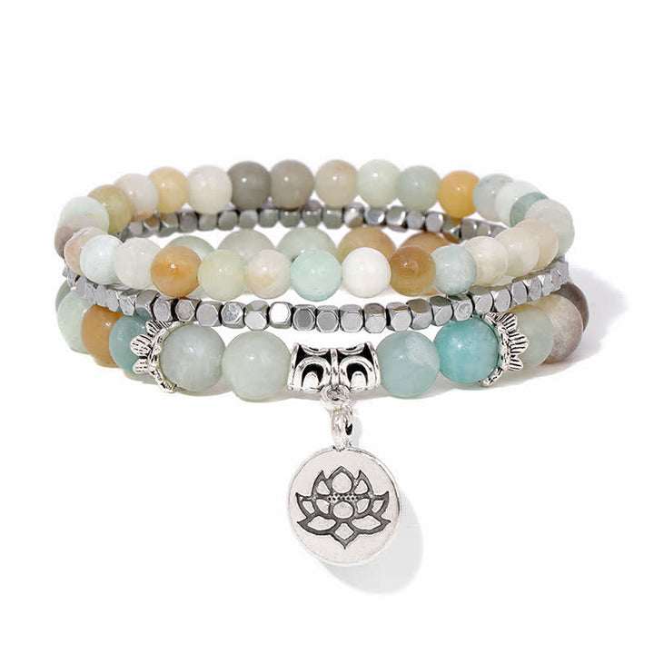 Buddha Stones ゼブラジャスパーと蓮の花をモチーフにした悟りのビーズブレスレット 3個セット - アマゾナイト（真実♥コミュニケーション） - image 12