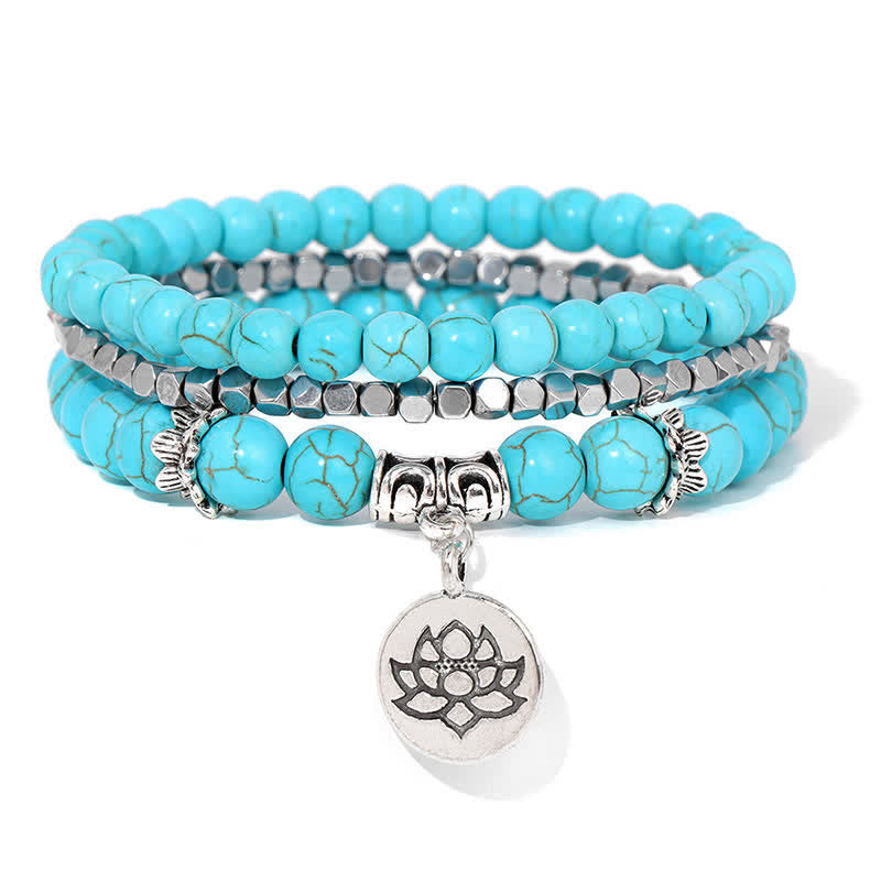 Buddha Stones ゼブラジャスパーと蓮の花をモチーフにした悟りのビーズブレスレット 3個セット - ターコイズ（保護♥コミュニケーション） - image 8