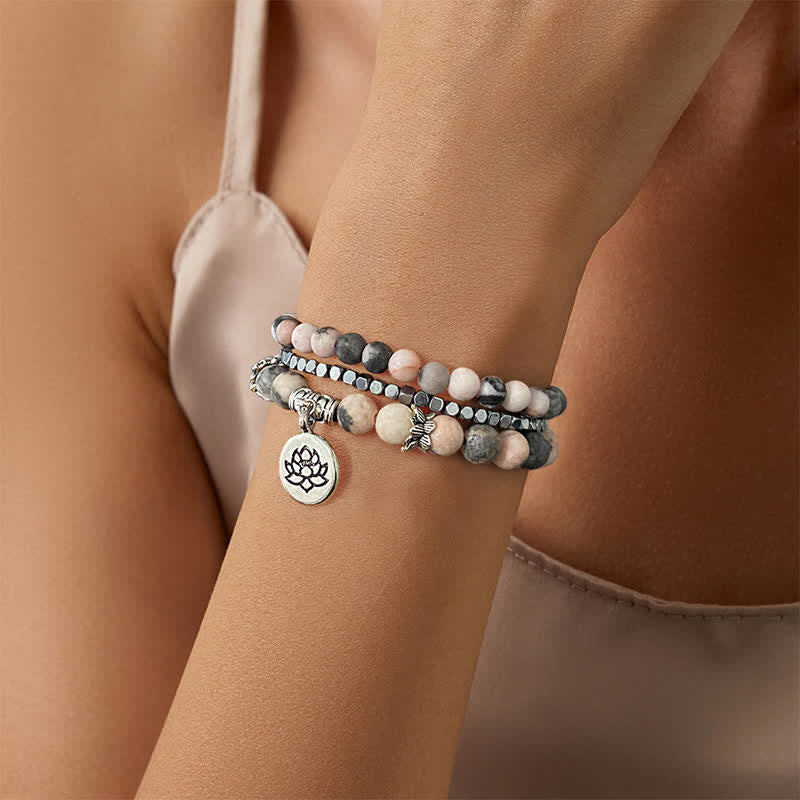 Buddha Stones ゼブラジャスパーと蓮の花をモチーフにした悟りのビーズブレスレット 3個セット - image 13