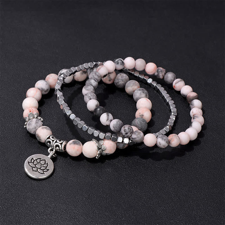 Buddha Stones ゼブラジャスパーと蓮の花をモチーフにした悟りのビーズブレスレット 3個セット - image 2