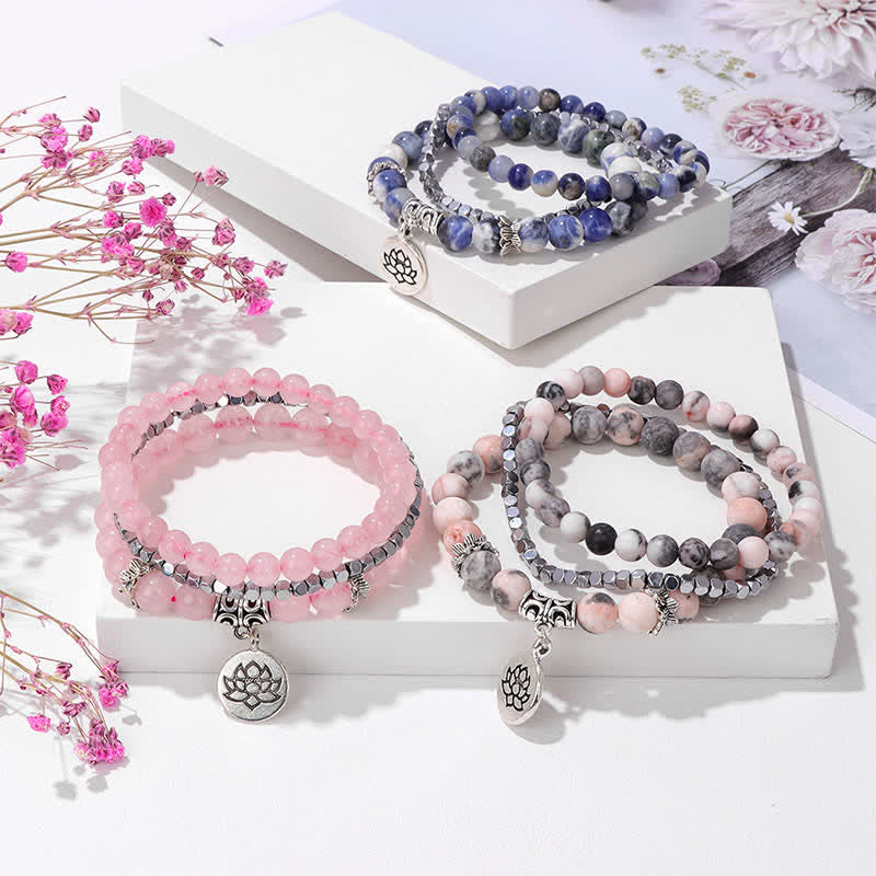 Buddha Stones ゼブラジャスパーと蓮の花をモチーフにした悟りのビーズブレスレット 3個セット - image 17