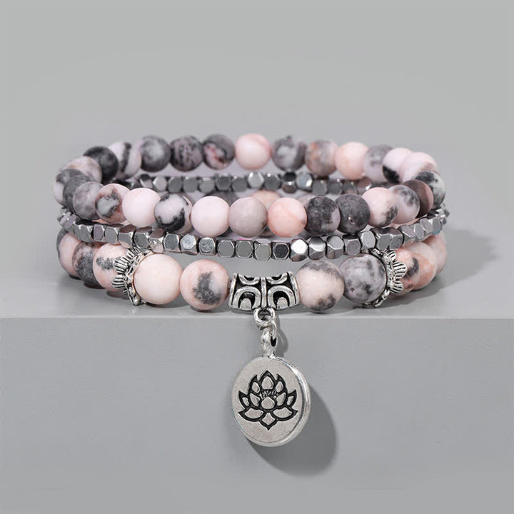 Buddha Stones ゼブラジャスパーと蓮の花をモチーフにした悟りのビーズブレスレット 3個セット - image 3