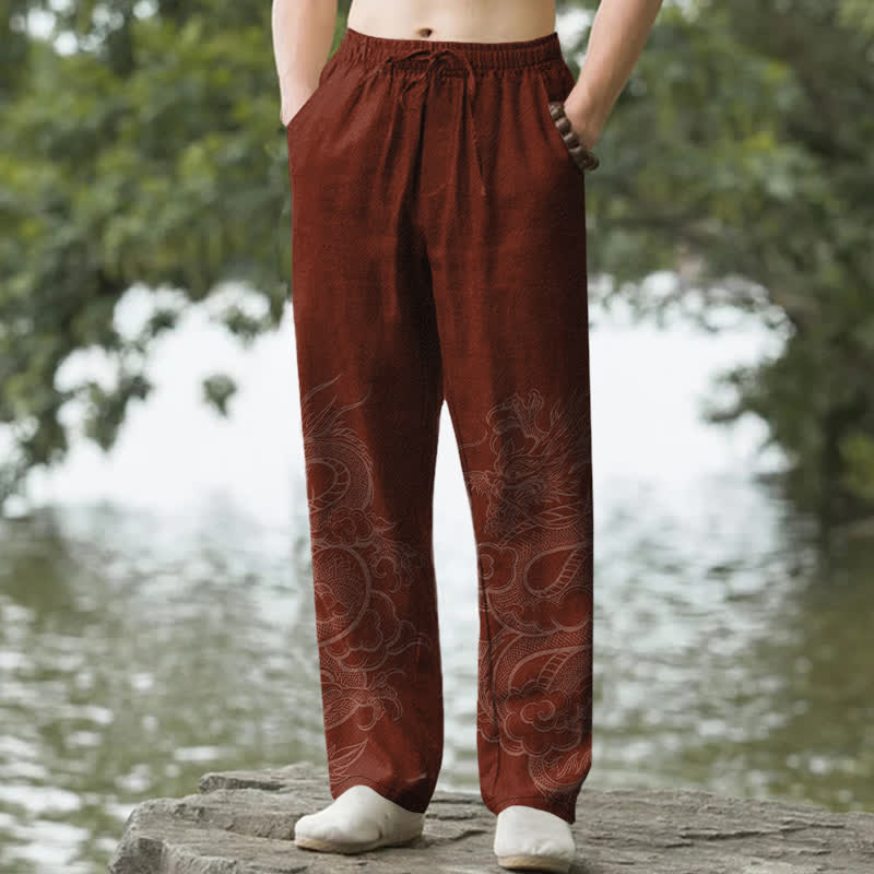 Buddha Stones 綿素材、さりげない龍柄、メンズテーパードパンツ（ポケット付き） - マルーン - US/UK/AU50、EU60（5XL） - image 6