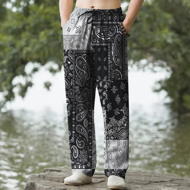 Buddha Stones コットン素材、様々なペイズリー柄、メンズテーパードパンツ（ポケット付き） - 黒 - US/UK/AU50、EU60（5XL） - image 0