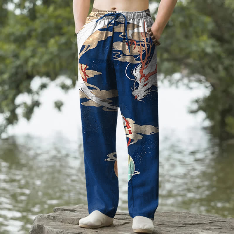Buddha Stones 綿素材、白龍雲柄、メンズテーパードパンツ（ポケット付き） - 海軍 - US/UK/AU50、EU60（5XL） - image 0