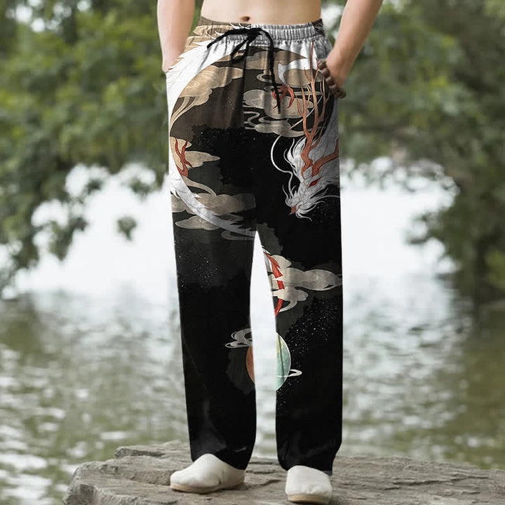 Buddha Stones 綿素材、白龍雲柄、メンズテーパードパンツ（ポケット付き） - 黒 - US/UK/AU50、EU60（5XL） - image 4
