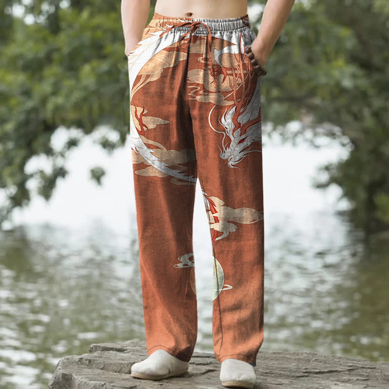 Buddha Stones 綿素材、白龍雲柄、メンズテーパードパンツ（ポケット付き） - シエナ - US/UK/AU50、EU60（5XL） - image 6