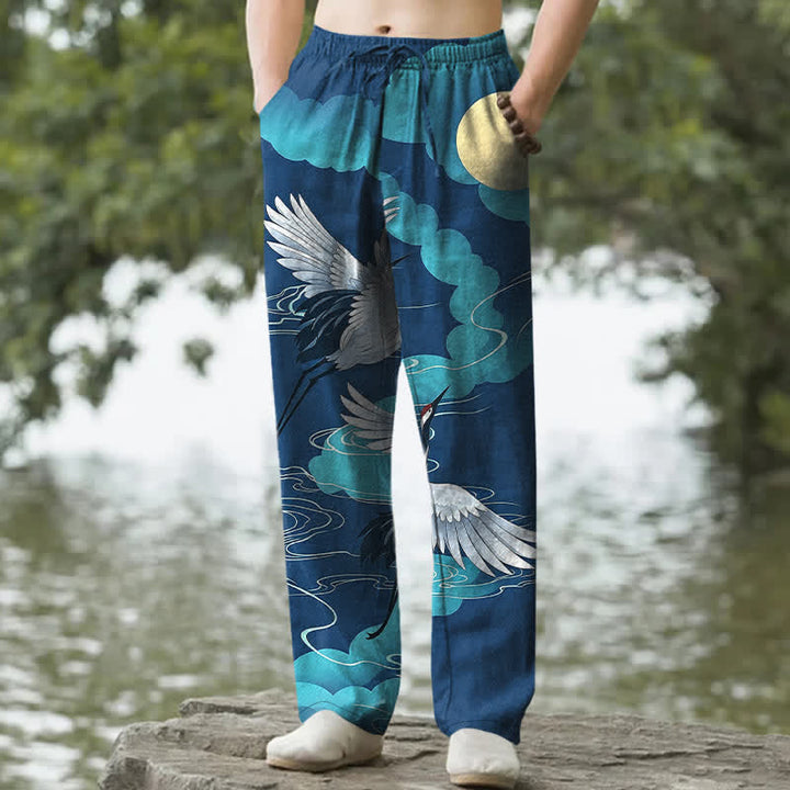 Buddha Stones 綿素材の白鶴柄メンズテーパードパンツ（ポケット付き） - ロイヤルブルー - US/UK/AU50、EU60（5XL） - image 4