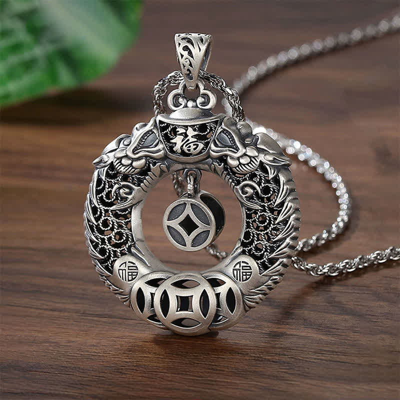 Buddha Stones 銅製龍の福の文字ピース平和のお守りチャーム富のレリーフ彫刻ヴィンテージネックレス - 銅（バランス♥富） - image 0
