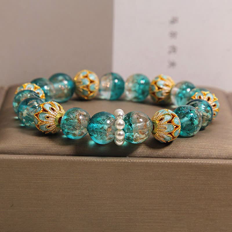 Buddha Stones 劉麗ガラスビーズ金箔七宝焼き純粋新中国風丸型ブレスレット - 青 - ガラス（明瞭さ♥集中力） - image 4