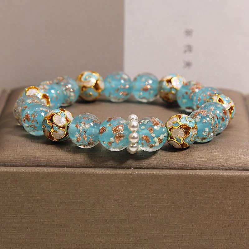 Buddha Stones 劉麗ガラスビーズ金箔七宝焼き純粋新中国風丸型ブレスレット - レイクブルー - ガラス（明瞭さ♥集中力） - image 3