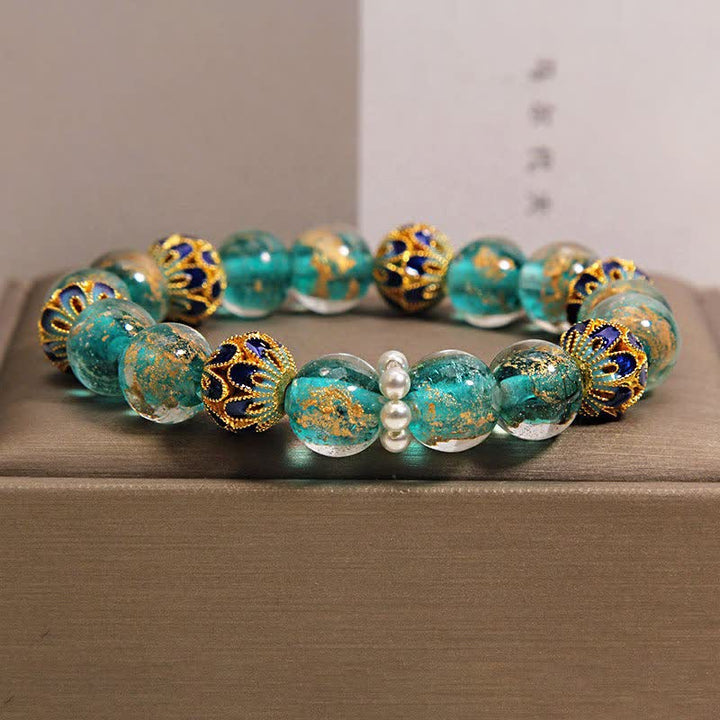 Buddha Stones 劉麗ガラスビーズ金箔七宝焼き純粋新中国風丸型ブレスレット - ピーコックブルー - ガラス（明瞭さ♥集中力） - image 0