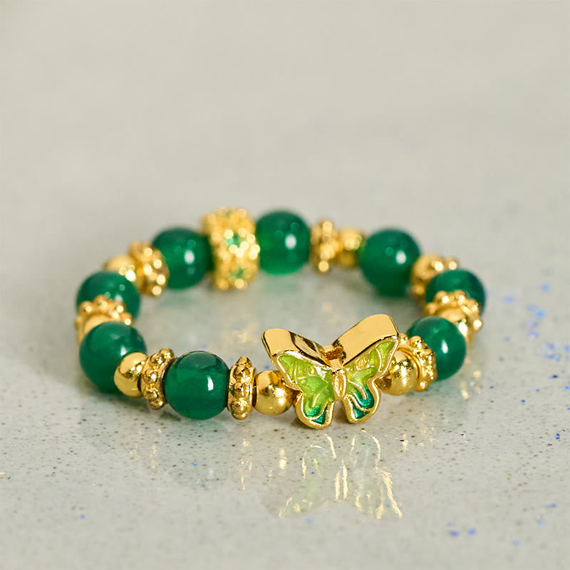 Buddha Stones 天然グリーンアゲートビーズ入り銅製蝶モチーフの結婚指輪 - image 1