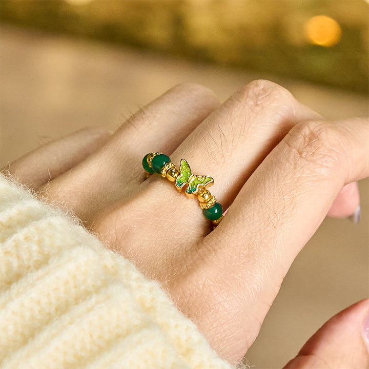 Buddha Stones 天然グリーンアゲートビーズ入り銅製蝶モチーフの結婚指輪 - image 5