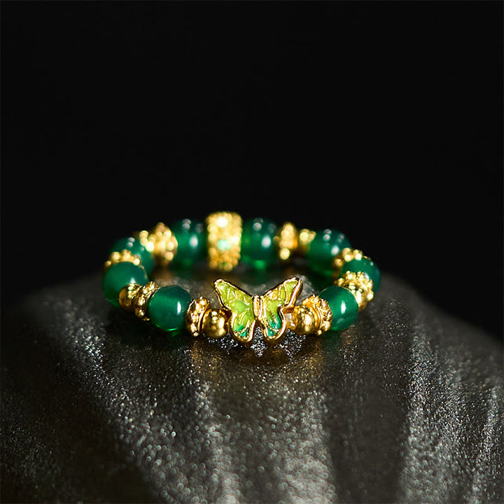 Buddha Stones 天然グリーンアゲートビーズ入り銅製蝶モチーフの結婚指輪 - image 2