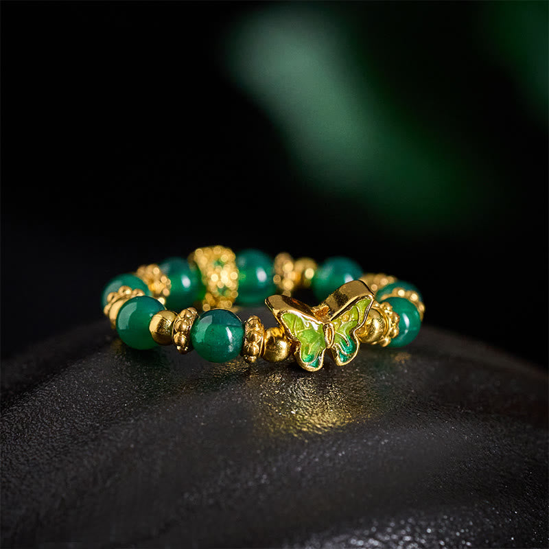 Buddha Stones 天然グリーンアゲートビーズ入り銅製蝶モチーフの結婚指輪 - image 3