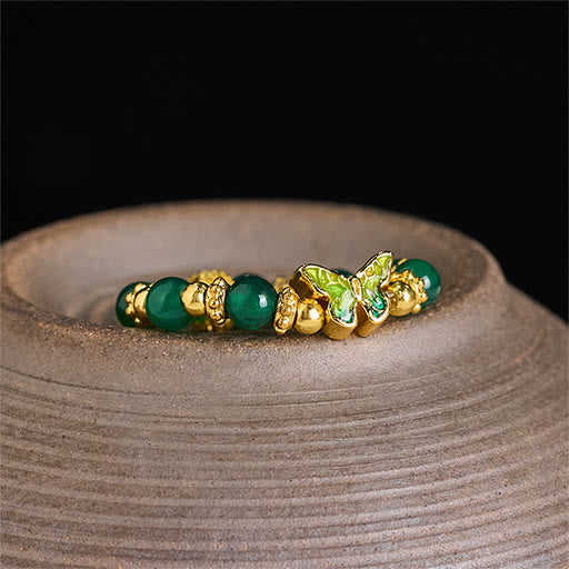 Buddha Stones 天然グリーンアゲートビーズ入り銅製蝶モチーフの結婚指輪 - image 4
