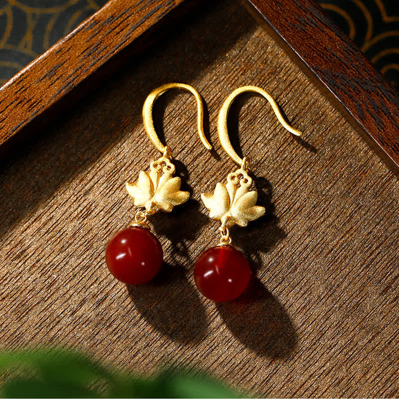 Buddha Stones レッドアゲートロータスエナメルゴールドドロップコンフィデンスイヤリング - image 2