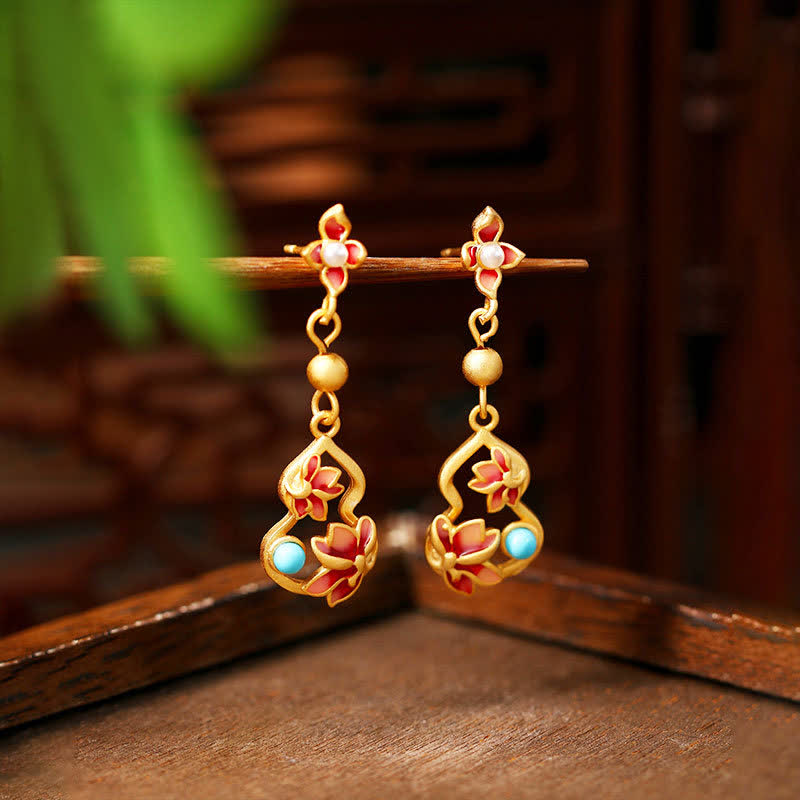 Buddha Stones ターコイズ七宝ロータスひょうたんアクセント啓発ドロップ イヤリング - 蓮（悟り♥新たな始まり） - 銅（調和的なつながり♥接地） - image 0