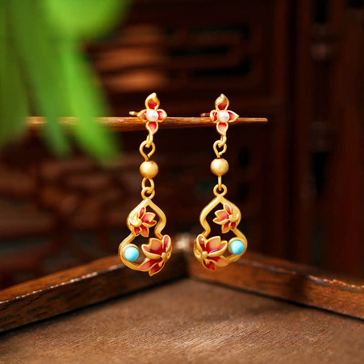 Buddha Stones ターコイズ七宝ロータスひょうたんアクセント啓発ドロップ イヤリング - 蓮（悟り♥新たな始まり） - 銅（調和的なつながり♥接地） - image 0