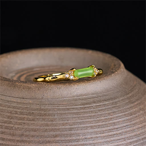Buddha Stones 天然グリーンアゲート製スクエア型竹製銅製調節可能リング - image 2