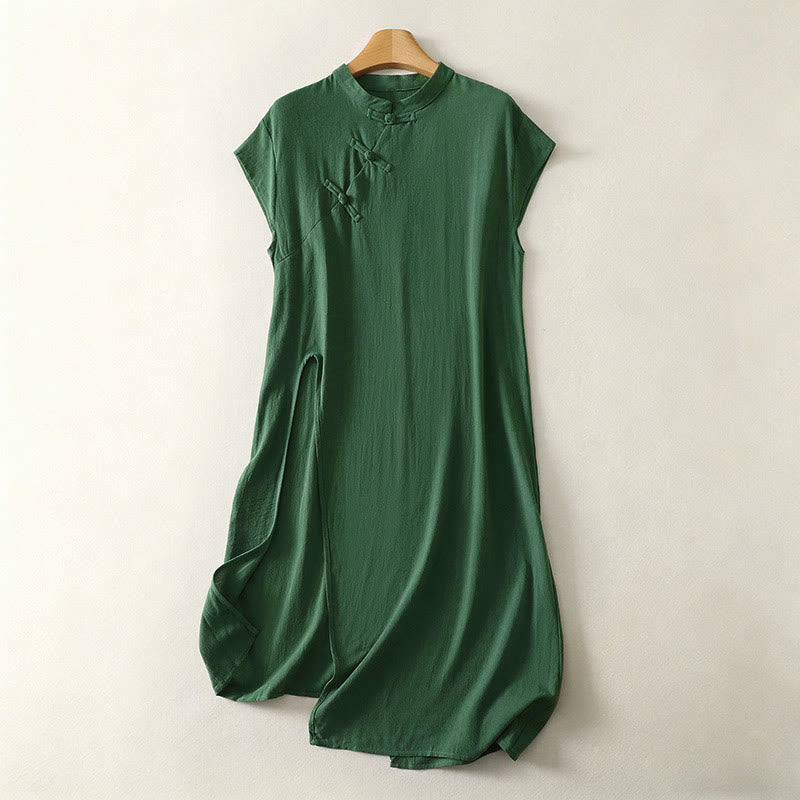 Buddha Stones 夏物無地グリーンマンダリンカラーサイドスリット入りノースリーブワンピース - シーグリーン - US12、 UK/AU16、 EU44 (2XL) - image 0